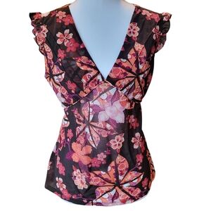 90s Y2K Daytrip Black Pink Floral Semi Sheer Vneck Blouse Top